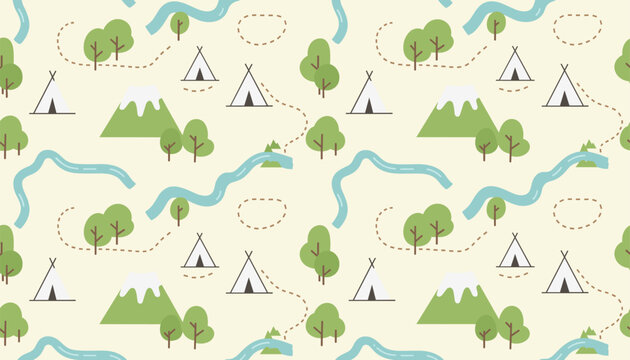 Seamless pattern featuring a camping map with tents mountains and rivers