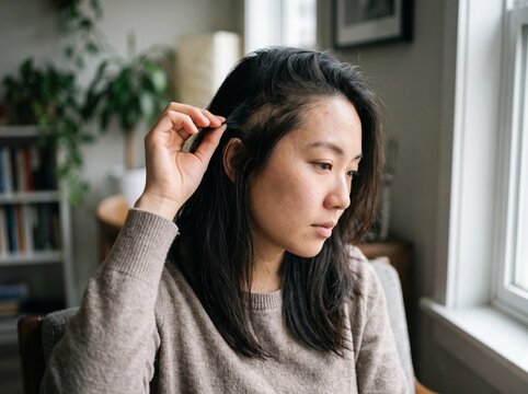 Trichotillomania in Asian Woman Pulling Her Hair