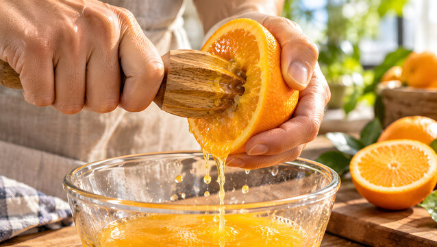 Chef squeezing fresh sweet orange juice into glass bowl using wooden reamer.