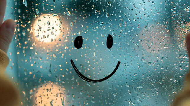 Hand drawn smiley face on wet glass window