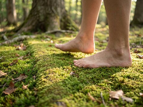 Bare feet walking on green moss in sunlit forest