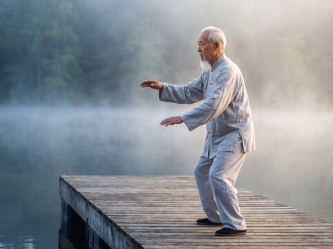 Senior man practicing tai chi on wooden dock by misty lake at dawn
