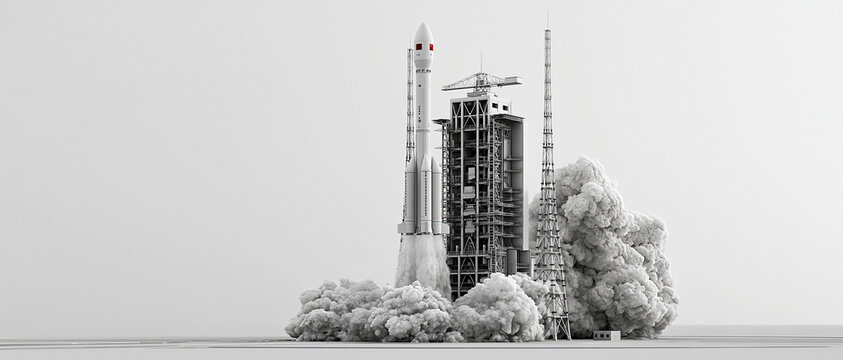 white rocket launchpad tower structure smoke plumes