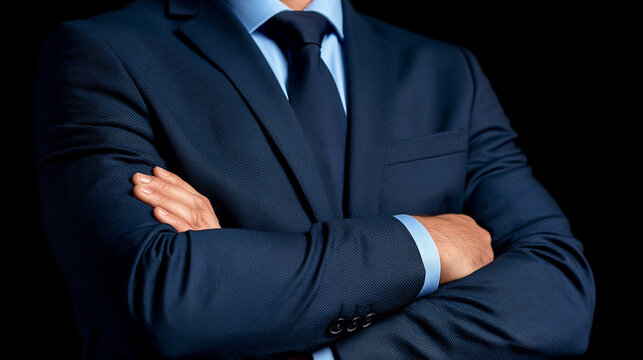 businessman wearing suit standing arms crossed black background