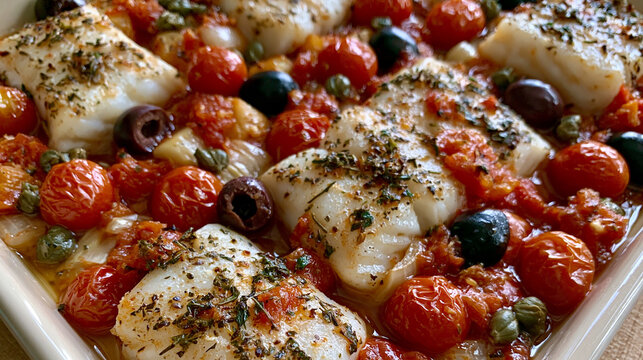 baked cod fish with tomatoes and olives in