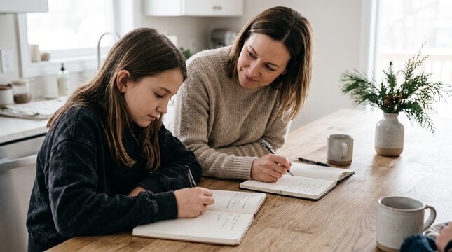 Mother and daughter studying together at home, a heartwarming family moment of learning and education. Parent helping child with homework, fostering academic growth and bonding in a bright