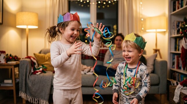 Joyful children celebrating Christmas, two happy kids in paper crowns playing with colorful party streamers, festive holiday season family fun, cozy home interior with twinkling lights and
