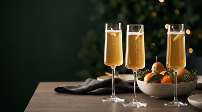 Elegant holiday champagne flutes, three sparkling golden drinks, festive Christmas celebration, New Year's Eve toast, sophisticated party beverages