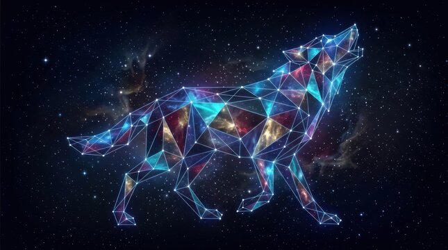 Low-poly glowing wolf constellation in a deep space nebula.