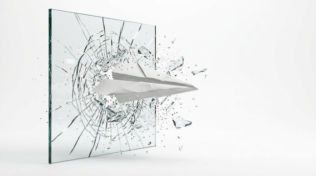 Conceptual image of a paper airplane shattering a thick sheet of glass with flying shards, symbolizing breaking the glass ceiling, startup breakthrough, and overcoming limits, isolated on white