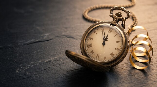 Vintage brass pocket watch with chain, elegant antique timepiece on dark slate, classic clock for history and time concepts, old-fashioned golden accessory for countdowns and deadlines