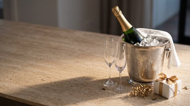 Elegant champagne celebration setup, sparkling wine bottle chilling in ice bucket, two empty flutes, and a festive gift box, perfect for luxury events and special occasions.
