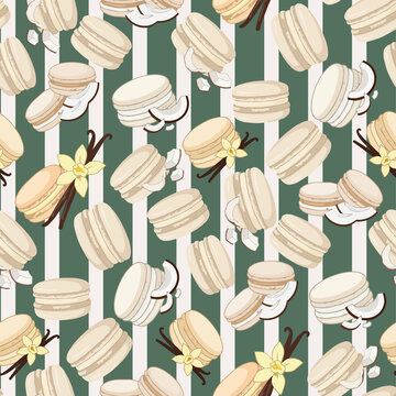 Raster seamless pattern with vanilla macarons, coconut flakes, and vanilla flowers for bakery packaging, sweet menu design, and fabric print
