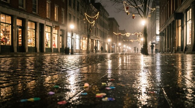 Rainy city street at night, a vibrant urban scene with wet pavement reflecting bright store lights and festive string lights, creating a moody, atmospheric downtown cityscape.