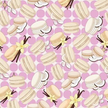 Raster seamless pattern with vanilla macarons, coconut flakes, and vanilla flowers for bakery packaging, sweet menu design, and fabric print