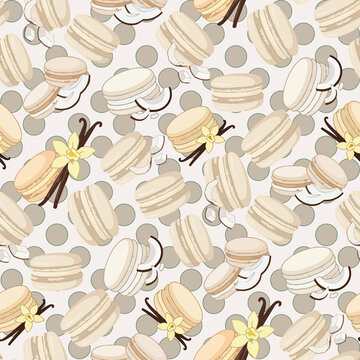 Raster seamless pattern with vanilla macarons, coconut flakes, and vanilla flowers for bakery packaging, sweet menu design, and fabric print