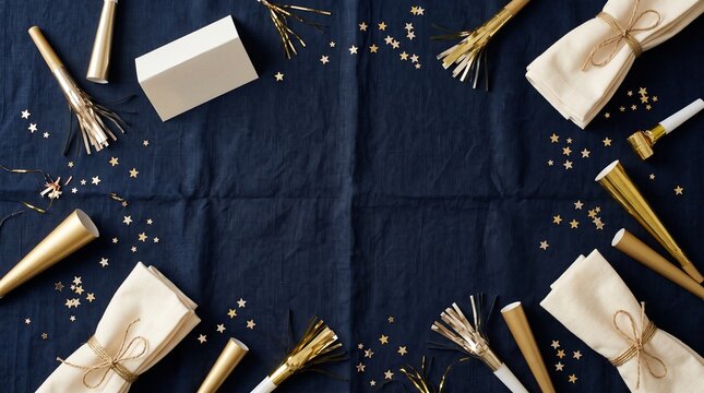 Elegant New Year's Eve celebration flat lay, festive gold and cream party supplies, sophisticated holiday event decor, stylish dark blue background for seasonal greetings and invitations