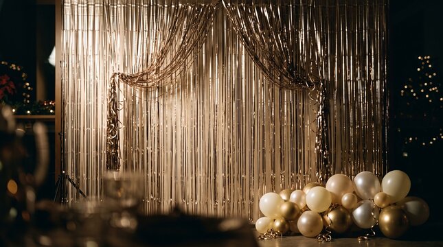 Elegant golden tinsel backdrop, a shimmering metallic curtain for festive celebrations. Luxurious party decor with balloons, perfect for New Year's Eve, anniversaries