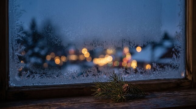 Frosted window pane with intricate ice patterns, a cozy winter evening scene. Blurry bokeh lights of a festive town outside, a single pine branch on the sill