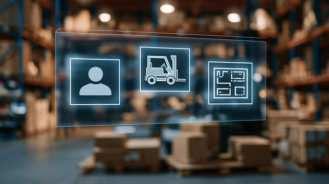 Digital warehouse interface displaying logistics icons over storage