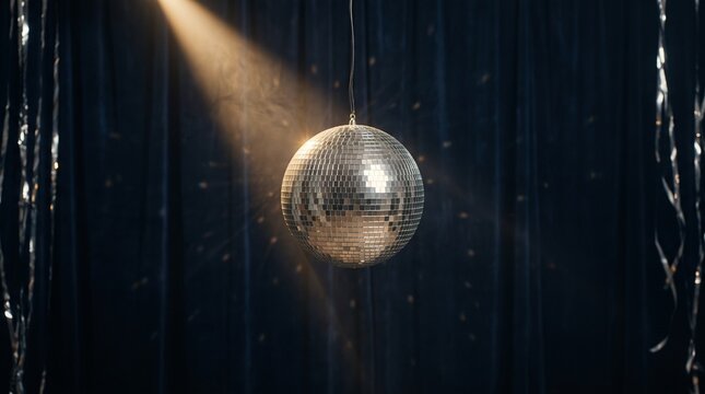 Sparkling disco ball, illuminated by a golden spotlight, creating a vibrant party atmosphere. Reflective mirror ball, perfect for dance, celebration, and nightlife events.