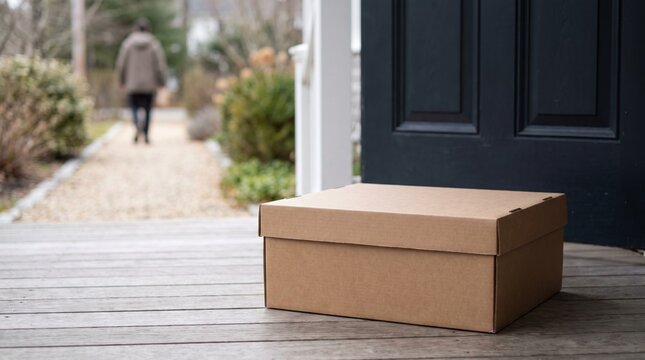 A brown cardboard delivery box sitting on a wooden porch outside a front door of a modern house home