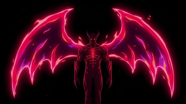 Demonic 4K Red Devil Lord Spreading Fiery Wings Glowing in Dark Void Horror Background