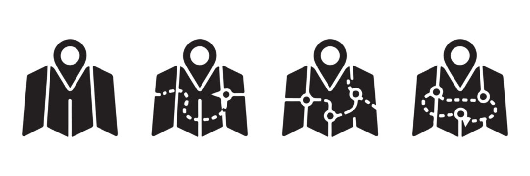 Black folded map with destination pin marker route navigation flat icons set on transparent background.