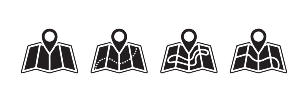 Linear folded paper map location marker navigation icons set of graphic elements on transparent background.