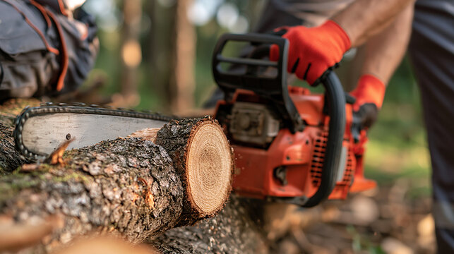 Worker using chainsaw to cut wood log in