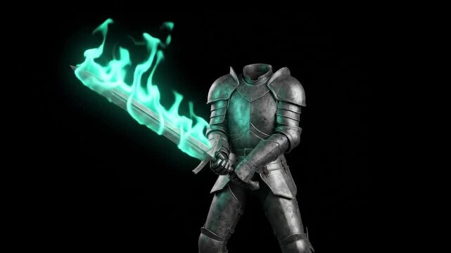 Menacing 4K Headless Ghost Knight in Steel Plate Armor Holding a Flaming Sword with Cyan Ghostly Fire on a Dark Black Background