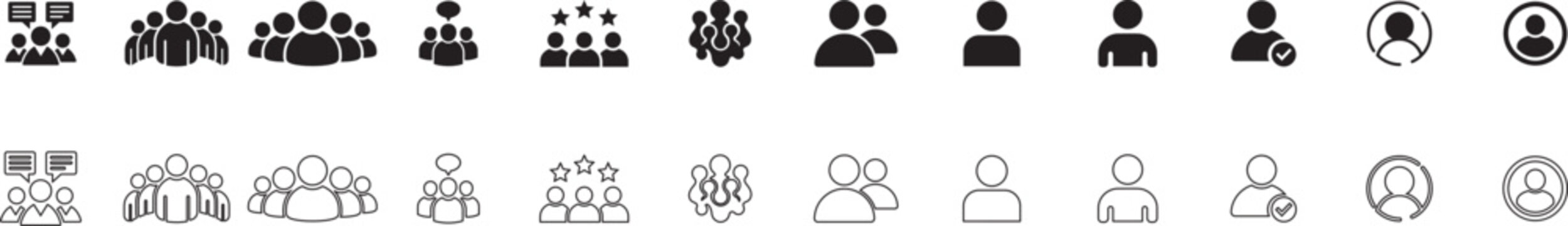 Collection of people and user profile icons in solid and line styles vector set of diverse human avatars, teamwork, chat bubbles, and account symbols