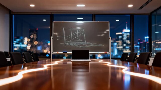 Modern conference room with wooden table and city night view background