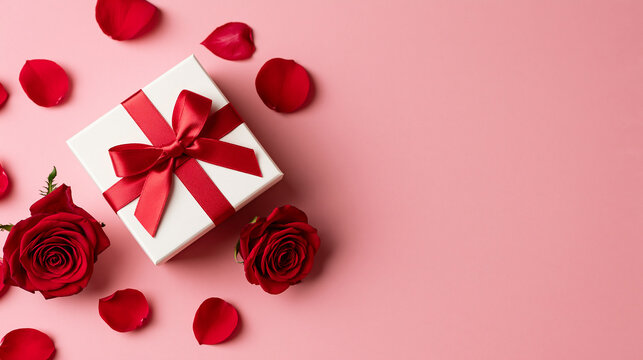 white gift box with red ribbon and roses