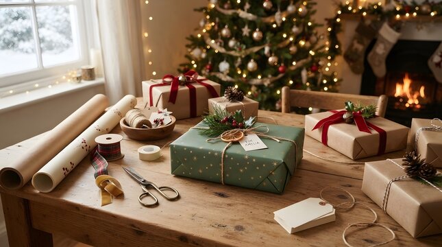Wrapped christmas gifts on a wooden table with wrapping paper and scissors in cozy room with presents wrapped decorative