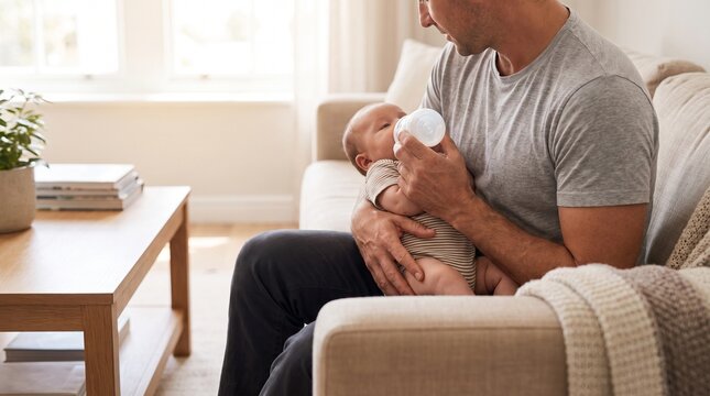Father bottle feeding an infant in a sunlit armchair