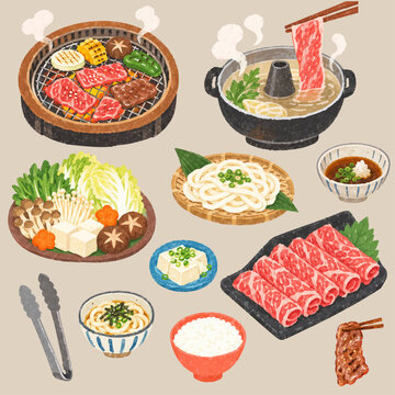 Hand Drawn Japanese Shabu Shabu and Yakiniku Food Illustration Set