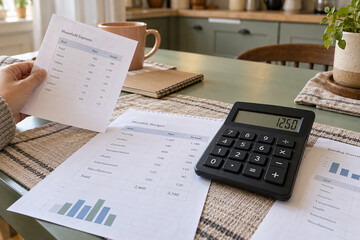 Fototapeta premium Hand Comparing Budget Worksheets with Calculator at Home