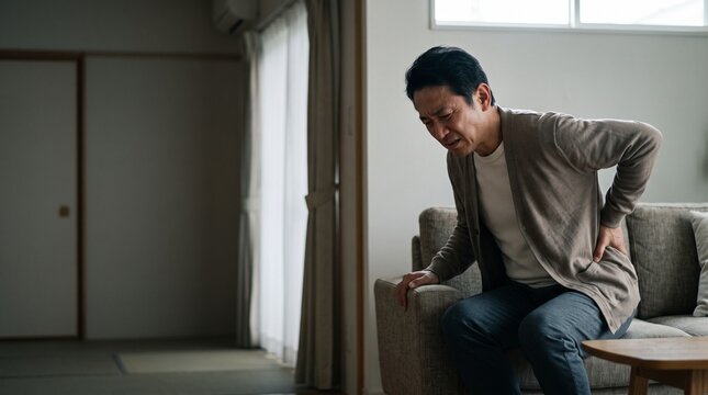 ソファから立ち上がろうとした際、突然の腰痛に顔をしかめて腰を押さえるミドル世代の男性、身体の衰えの悩み