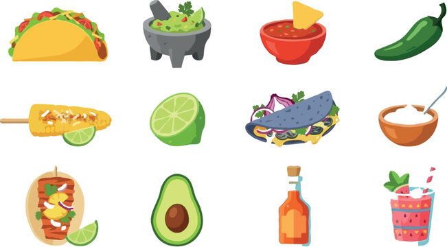 Mexican street food cartoon vector illustration set with tacos elote guacamole salsa jalapeno blue corn quesadilla al pastor avocado hot sauce and agua fresca