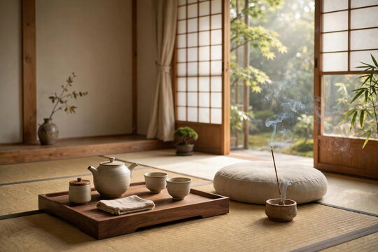 Japanese Meditation Tea Room with Shoji Window Light