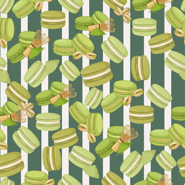 Vector seamless pattern with green matcha and pistachio macarons for confectionery branding, bakery wrapping paper, and fabric print design