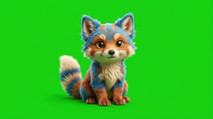 Fototapeta premium Stylized colorful fox cub sitting on green screen.