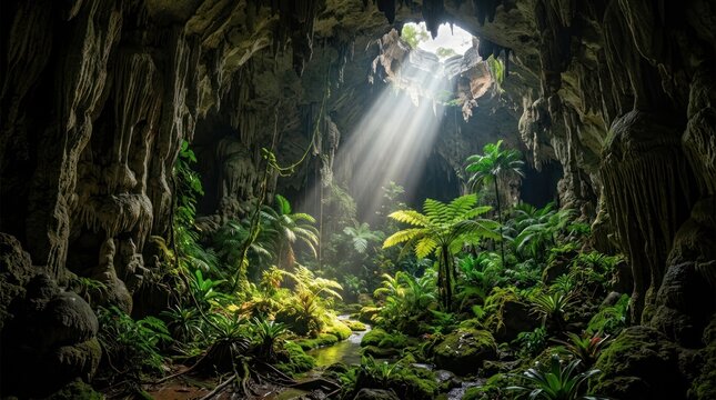 Sunbeams streaming into lush tropical cave with green plants.