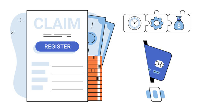 Insurance claim registration form with money and payment card vector illustration. Finance, banking, reimbursement, investment, savings, transaction. Document for requesting financial compensation