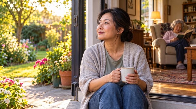Family caregiver taking a quiet break beside the garden