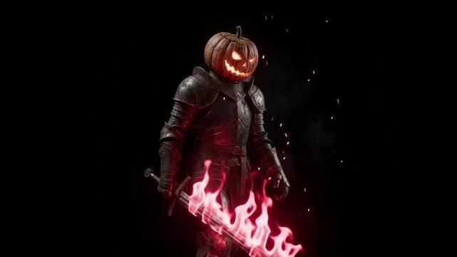 Menacing 4K Headless Knight with Pumpkin Head Holding a Burning Greatsword in Darkness
