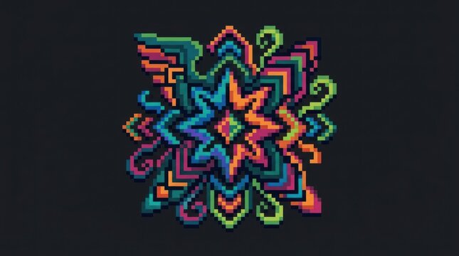 Vibrant pixel art mandala design on dark background.
