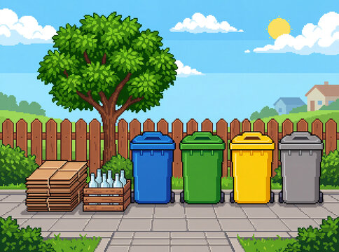 Pixel art outdoor recycling station with colored sorting bins, flattened cardboard and glass bottles on a sunny day