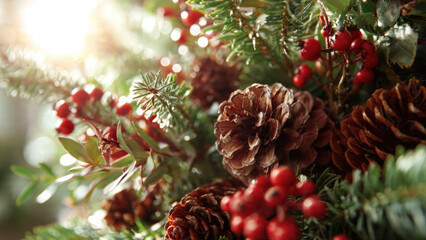 Fototapeta premium Festive winter arrangement with pinecones and red berries against a blurred background